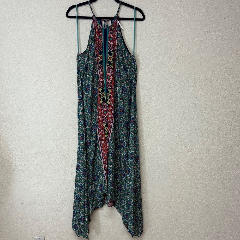 Anthropologie Teal & Red Asymmetrical Boho Maxi Dress